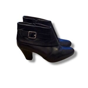 Clarks Black Heeled Ankle Boots Women's Size 9 Buckle Strap Zip Workwear